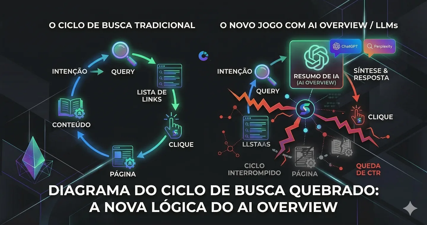 Diagrama comparando o ciclo de busca tradicional (intenção → query → links → clique → página) com a nova lógica do AI Overview, onde a IA sintetiza a resposta e interrompe o ciclo de cliques